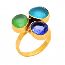Oval Shape Chalcedony Quartz Gemstone 925 Sterling Silver Gold Plated Ring