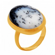 Oval Shape Dendrite Opal Gemstone 925 Sterling Silver Gold Plated Ring Jewelry