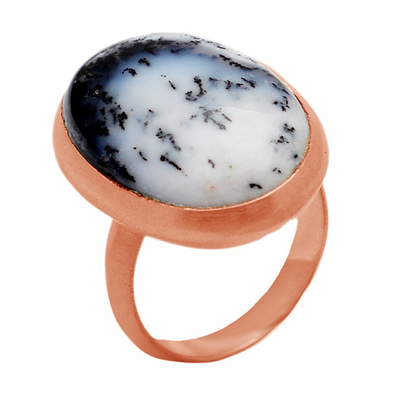 Oval Shape Dendrite Opal Gemstone 925 Sterling Silver Gold Plated Ring Jewelry