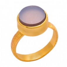 Round Shape Smoky Quartz Gemstone 925 Sterling Silver Gold Plated Ring