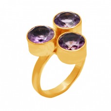 Round Shape Amethyst Gemstone 925 Sterling Silver Gold Plated Ring Jewelry