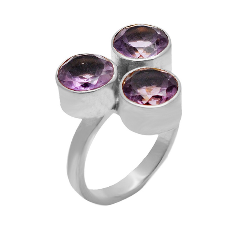Round Shape Amethyst Gemstone 925 Sterling Silver Gold Plated Ring Jewelry