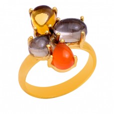 Citrine Carnelian Smoky Quartz Gemstone 925 Sterling Silver Gold Plated Ring