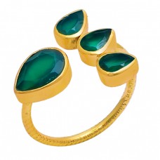 Pear Shape Green Onyx Gemstone 925 Sterling Silver Gold Plated Ring