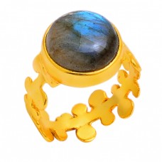 Round Shape Labradorite Gemstone 925 Sterling Silver Gold Plated Ring