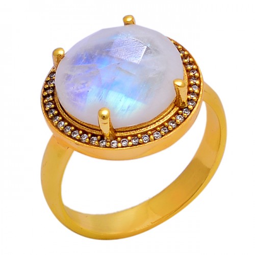 925 Sterling Silver Rainbow Moonstone Gold Plated Cocktail Ring Jewelry