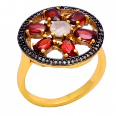 Garnet Rainbow Moonstone 925 Sterling Silver Gold Plated Ring Jewelry