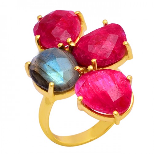 Ruby Labradorite Gemstone 925 Sterling Silver Gold Plated Designer Ring
