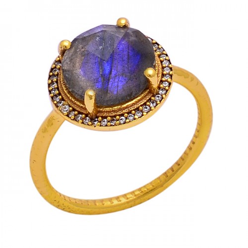 Prong Setting Labradorite Gemstone 925 Sterling Silver Gold Plated Ring