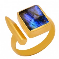 Rectangle Shape Labradorite Gemstone 925 Sterling Silver Gold Plated Ring