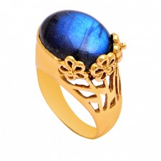 Oval Shape Labradorite Gemstone 925 Sterling Silver Gold Plated Ring