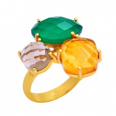 Green Onyx Smoky Quartz Citrine Gemstone 925 Silver Gold Plated Ring