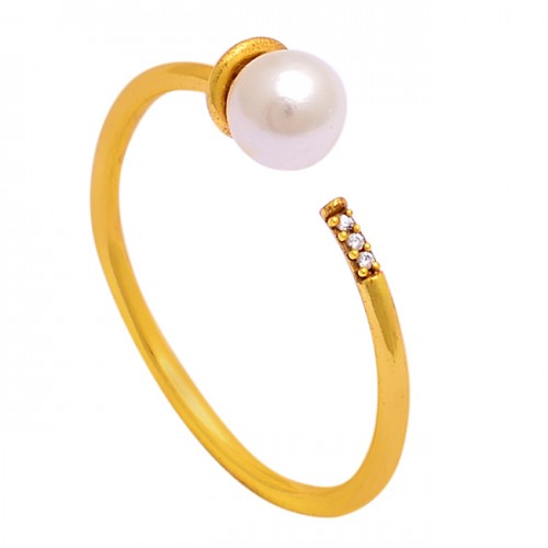 Round Shape Pearl Gemstone 925 Sterling Silver Gold Plated Ring Jewelry