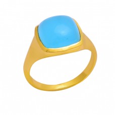 Square Shape Aqua Chalcedony Gemstone 925 Silver Gold Plated Ring
