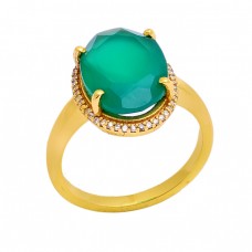 Oval Shape Green Onyx Gemstone 925 Sterling Silver Gold Plated Ring