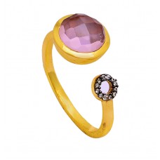 Round Shape Pink Quartz Gemstone 925 Sterling Silver Gold Plated Ring