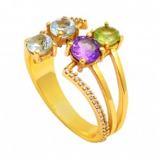 925 Sterling Silver Round Shape Gemstone Gold Plated Designer Ring