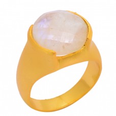 Round Shape Rainbow Moonstone 925 Sterling Silver Gold Plated Ring