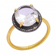 Faceted Oval Shape Crystal Quartz Gemstone 925 Silver Gold Plated Ring
