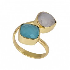 Chalcedony Moonstone 925 Sterling Silver Gold Plated Designer Ring 