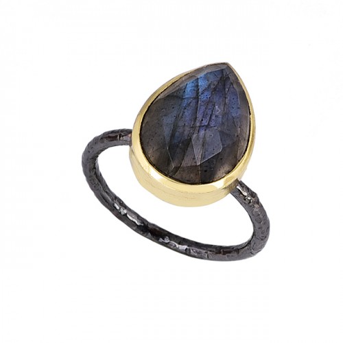 Pear Shape Labradorite Gemstone 925 Sterling Silver Gold Plated Ring
