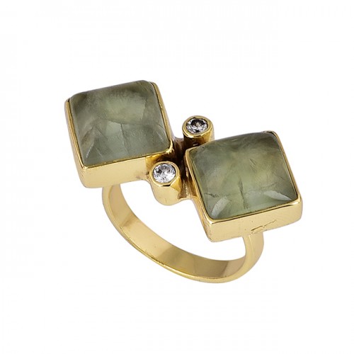 Square Round Chalcedony Cz Gemstone 925 Sterling Silver Gold Plated Ring