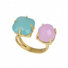Chalcedony Square Round Shape Gemstone 925 Silver Gold Plated Ring 