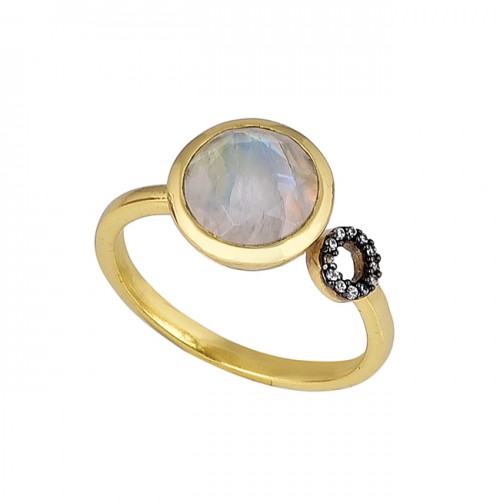 Round Shape Rainbow Moonstone 925 Sterling Silver Gold Plated Ring