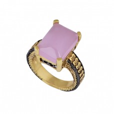 Rectangle Shape Rose Chalcedony Gemstone 925 Silver Gold Plated Ring