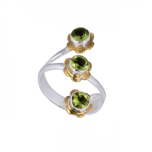 Faceted Round Shape Peridot Gemstone 925 Silver Gold Plated Designer Ring