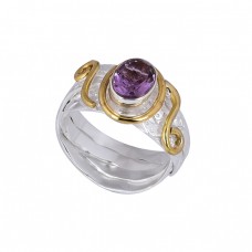 Oval Shape Amethyst Gemstone 925 Sterling Silver Gold Plated Ring