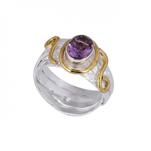 Oval Shape Amethyst Gemstone 925 Sterling Silver Gold Plated Ring
