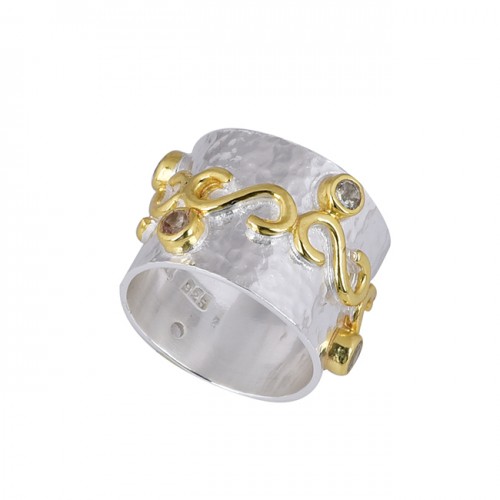 Round Shape Cubic Zirconia Gemstone 925 Sterling Silver Gold Plated Ring