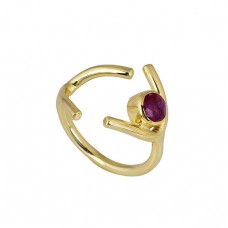Faceted Round Shape Ruby Gemstone 925 Sterling Silver Gold Plated Ring