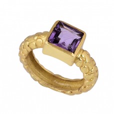 Square Shape Amethyst Gemstone 925 Sterling Silver Gold Plated Ring