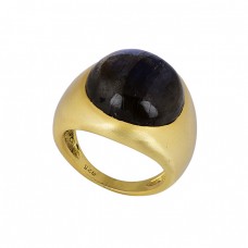 Cabochon Round Shape Labradorite Gemstone 925 Silver Gold Plated Ring