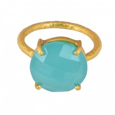 Round Shape Aqua Chalcedony Gemstone 925 Silver Gold Plated Ring