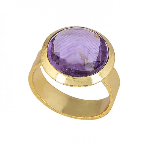 Faceted Round Shape Amethyst Gemstone 925 Sterling Silver Gold Plated Ring
