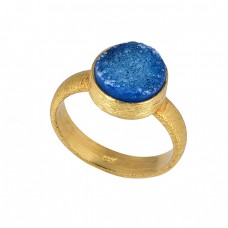 Blue Druzy Round Shape Gemstone 925 Sterling Silver Gold Plated Ring 