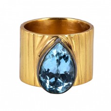 Pear Shape Blue Topaz Gemstone 925 Sterling Silver Gold Plated Ring