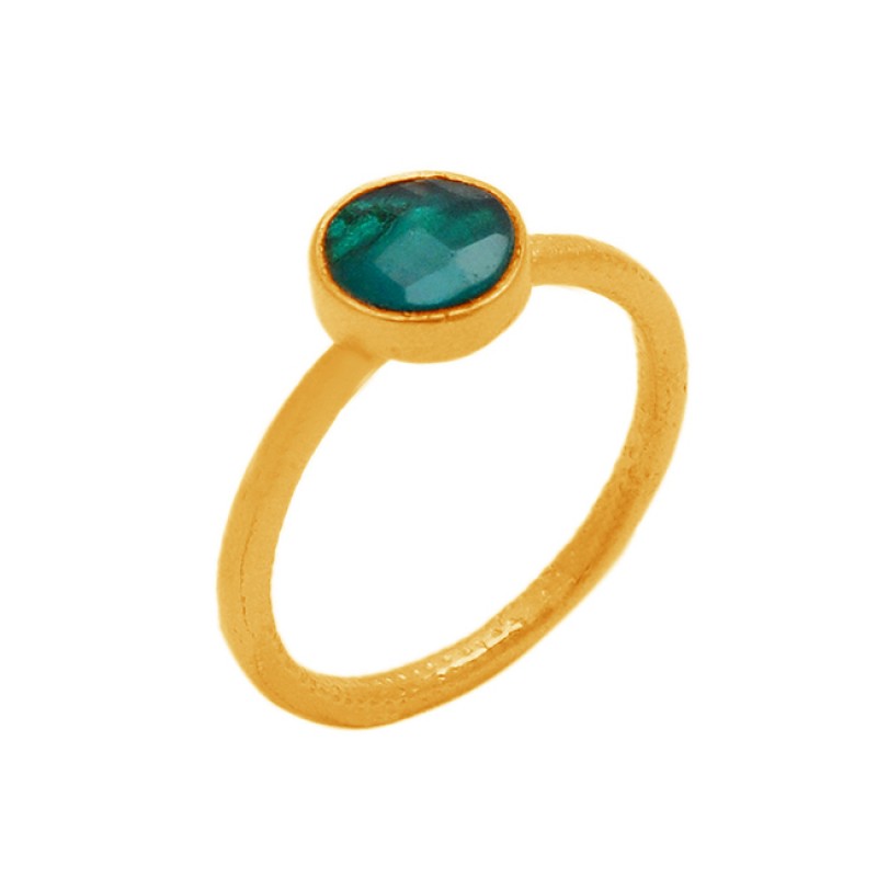 
									Briolette Round Shape Emerald Gemstone 925 Sterling Silver Gold Plated Jewelry Ring