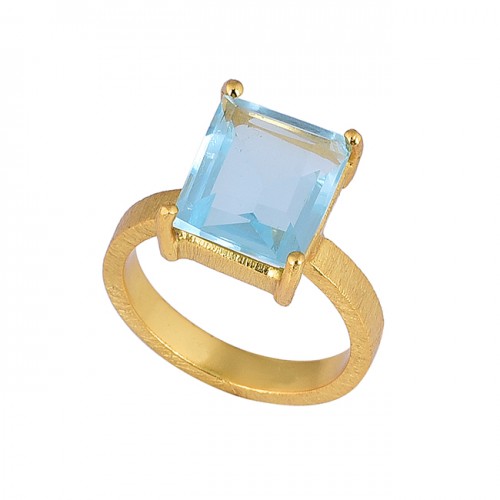 Rectangle Shape Blue Topaz Gemstone 925 Sterling Silver Gold Plated Ring