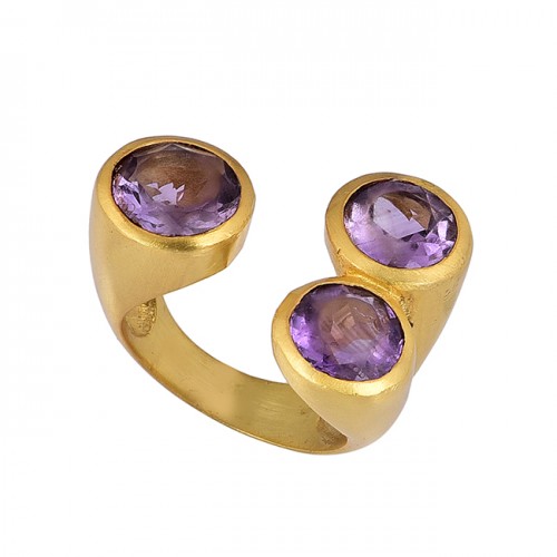 Faceted Round Shape Amethyst Gemstone 925 Sterling Silver Gold Plated Ring