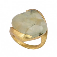 Square Shape Prehnite Chalcedony Gemstone 925 Silver Gold Plated Ring