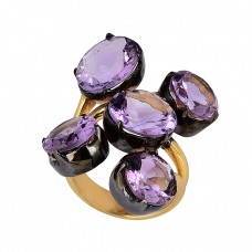 Faceted Oval Shape Amethyst Gemstone 925 Sterling Silver Gold Plated Ring