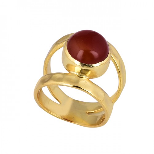 Cabochon Round Shape Carnelian Gemstone 925 Silver Gold Plated Ring