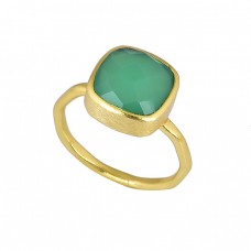 925 Sterling Silver Cushion Shape Green Onyx Gemstone Gold Plated Ring