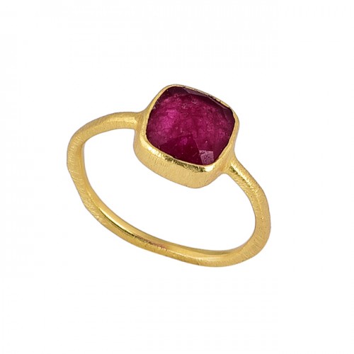 Faceted Square Shape Ruby Gemstone 925 Sterling Silver Gold Plated Ring
