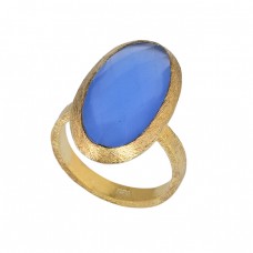 Blue Chalcedony Oval Shape Gemstone 925 Sterling Silver Gold Plated Ring