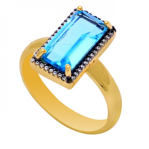 Blue Quartz Cz Gemstone 925 Sterling Silver Gold Plated Cocktail Ring 